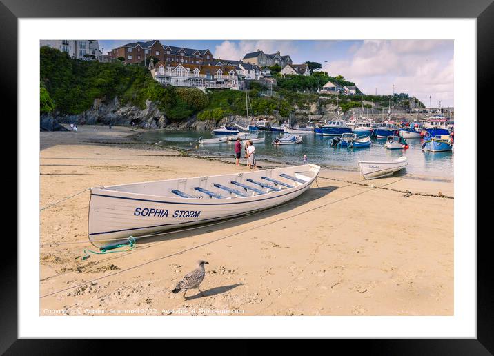 Traditional pilot gigs beached on the beach in Newquay Harbour in Cornwall Framed Mounted Print by Gordon Scammell