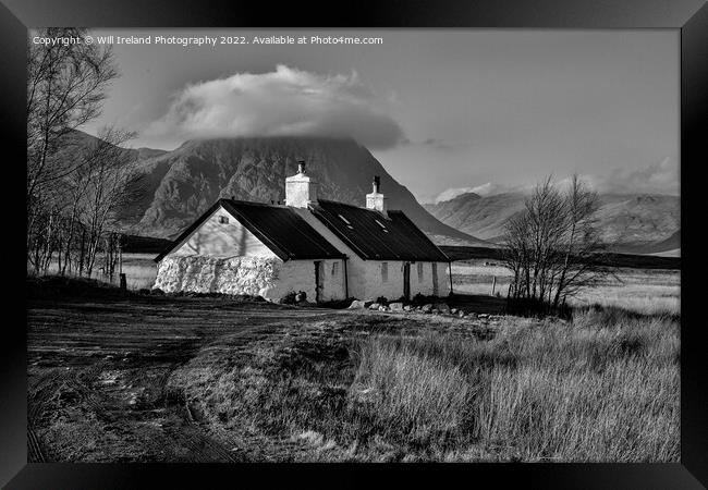 Blackrock Cottage in Glencoe with Buachaille Etive Mor in the background. Mono Framed Print by Will Ireland Photography