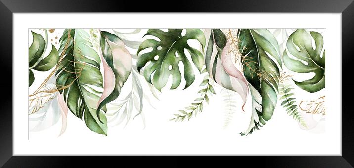 Green and blush tropical leaves on white background. Watercolor hand painted seamless border. Floral tropic illustration. Jungle foliage pattern. Framed Mounted Print by ANASS SODKI