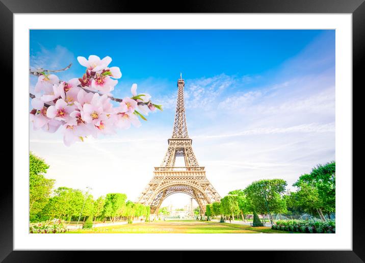 Paris Eiffel Tower over green grass lane and trees in Paris, France. Eiffel Tower is one of the most iconic landmarks of Paris at spring Framed Mounted Print by ANASS SODKI