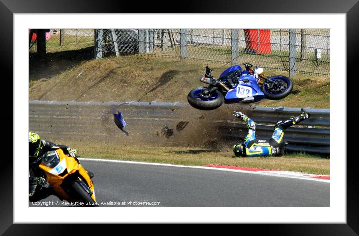 Motorcycle Race Track Mishaps Framed Mounted Print by Ray Putley