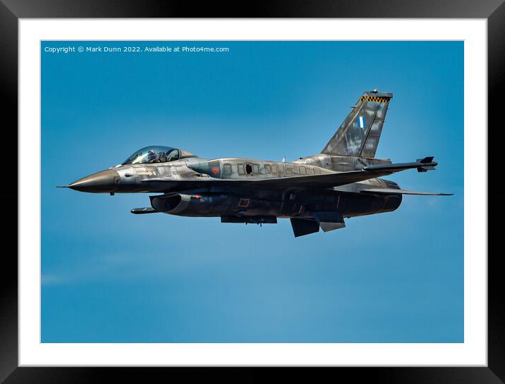 F16 Fighter Jet in level flight Framed Mounted Print by Mark Dunn