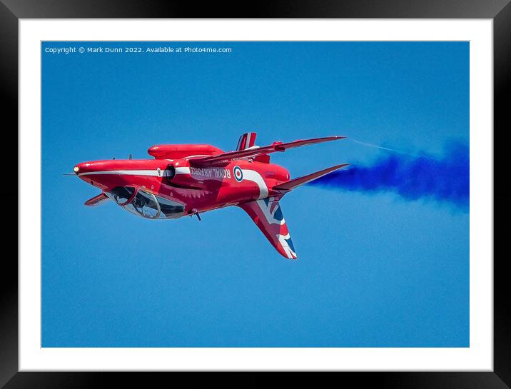 RAF Red Arrow Hawk in inverted flight with blue smoke Framed Mounted Print by Mark Dunn