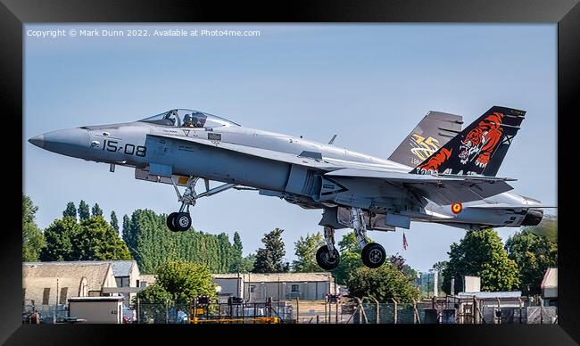 Spanish Military F18 Aircraft taking to flight Framed Print by Mark Dunn