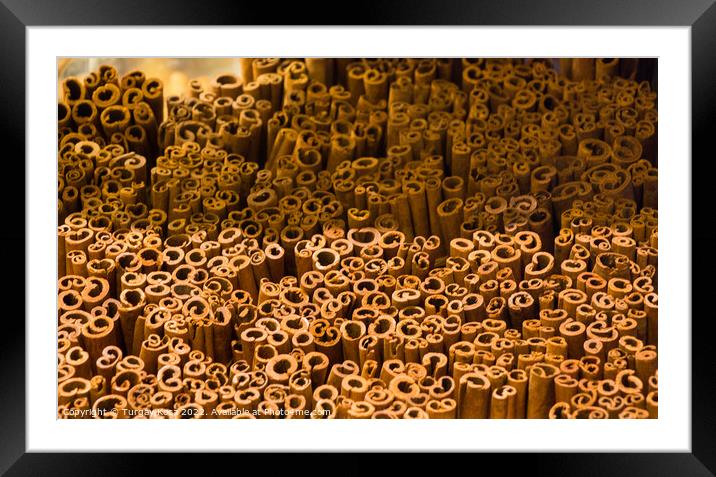 Stack of  of Cinnamon sticks in view Framed Mounted Print by Turgay Koca