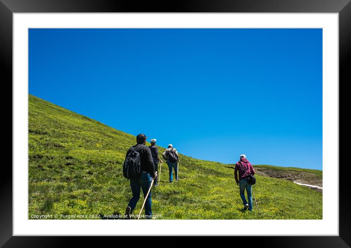 hikers with backpacks and trekking poles walking in Artvin highl Framed Mounted Print by Turgay Koca