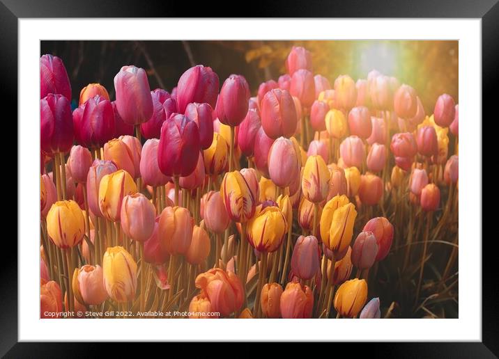 Sun Flare Illuminates a Variety of Colourful Tulips.. Framed Mounted Print by Steve Gill