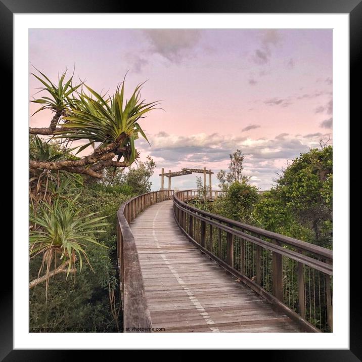 Boardwalk to Coolum Lookout at Sunset Framed Mounted Print by Julie Gresty
