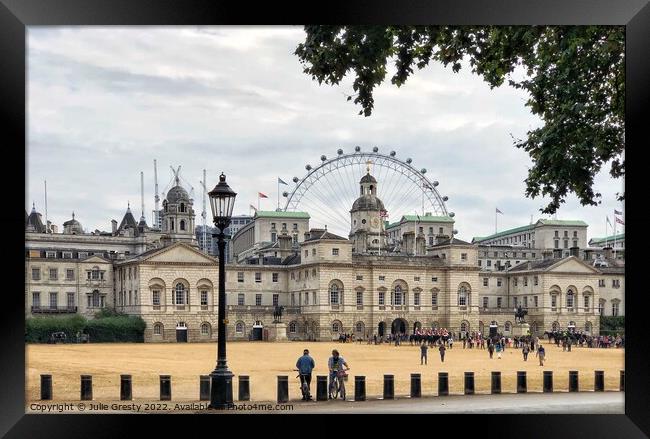 Horse Guards Parade with London Eye in Background Framed Print by Julie Gresty