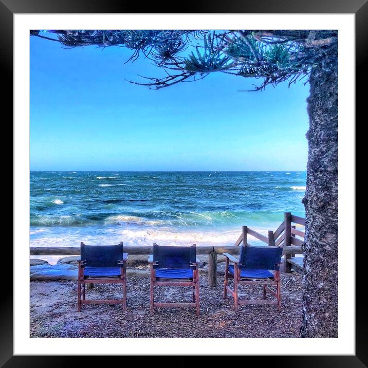 Blue Chairs Looking Out to Sea Framed Mounted Print by Julie Gresty