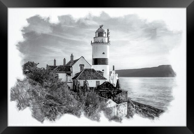 Monochrome Cloch Lighthouse Watercolour Framed Print by RJW Images
