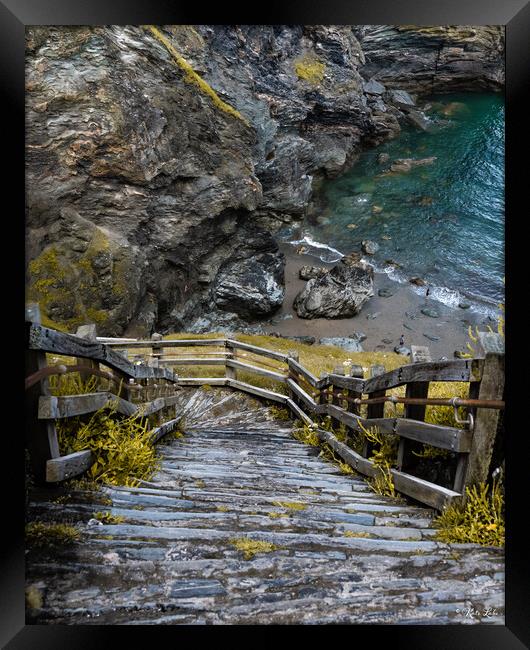 Tintagel Beach Descent Framed Print by Kate Lake