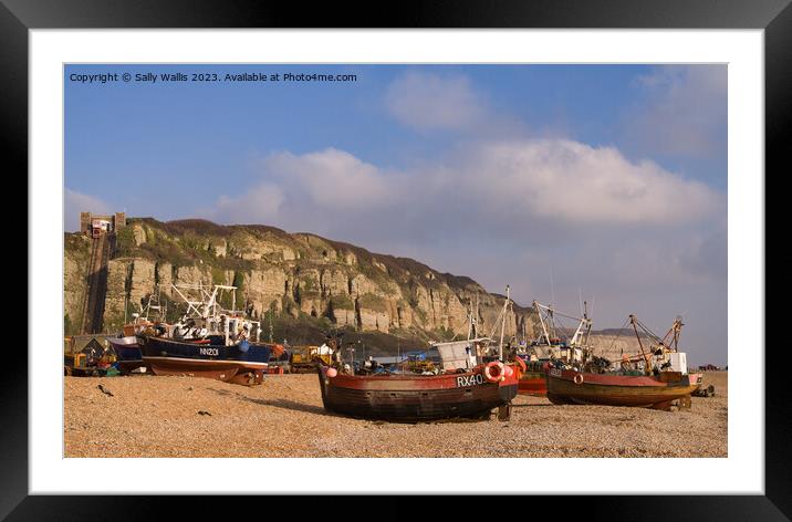fishing boats on Hastings Beach Framed Mounted Print by Sally Wallis