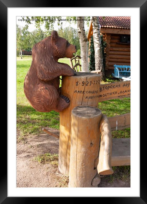 Bear on Bench Framed Mounted Print by Sally Wallis