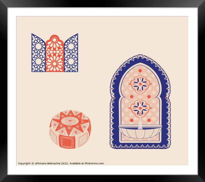 Creative minimalist abstracts. House or mosque facade with water fountain, hallway and portal with arch, Arabesque Windows Framed Mounted Print by othmane Belmachia