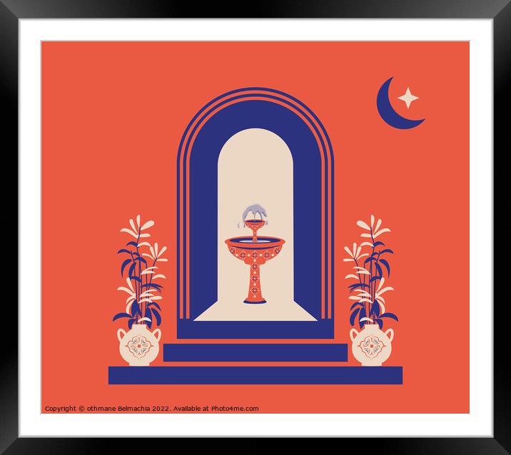 Creative minimalist abstracts. House or mosque facade with water fountain, hallway and portal with arch, indoor plants.  Framed Mounted Print by othmane Belmachia