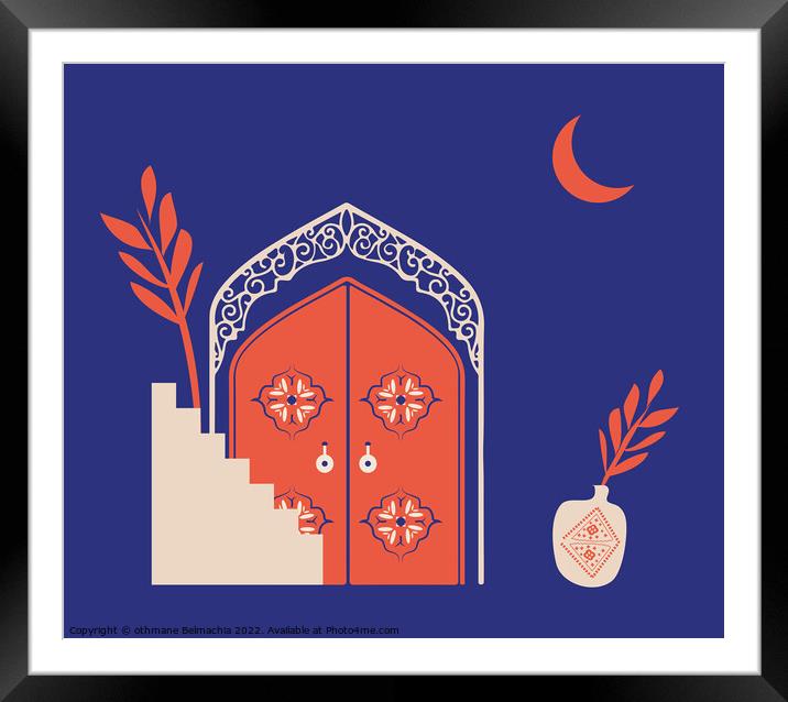 Creative minimalist abstracts. House or mosque facade with stairs, hallway and portal with arch, indoor plants, Arabesque window.  Framed Mounted Print by othmane Belmachia
