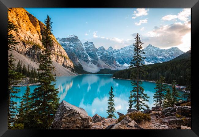 Moraine lake at sunset in autumn, Banff, Canada Framed Print by Matteo Colombo