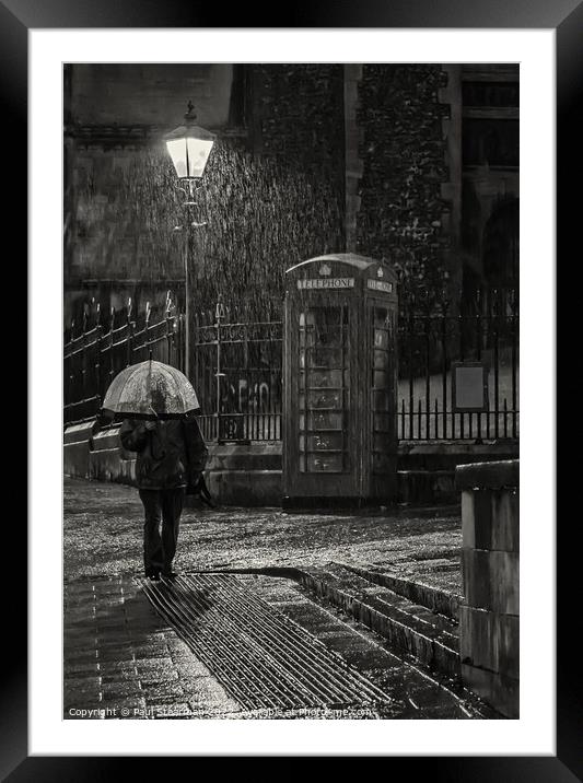 Rain downpour at Norwich market with umbrella man Framed Mounted Print by Paul Stearman
