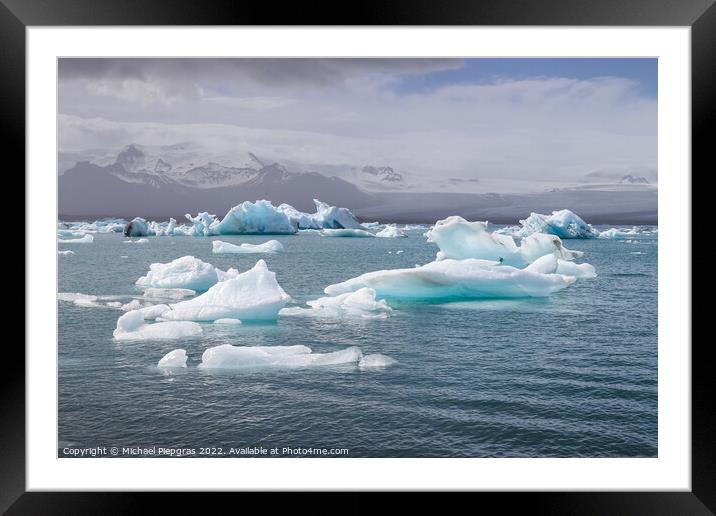 Iceland, Jokulsarlon Lagoon, Turquoise icebergs floating in Glac Framed Mounted Print by Michael Piepgras