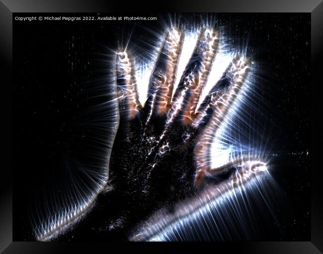 3D-Illustration of a glowing human female hand with a kirlian au Framed Print by Michael Piepgras