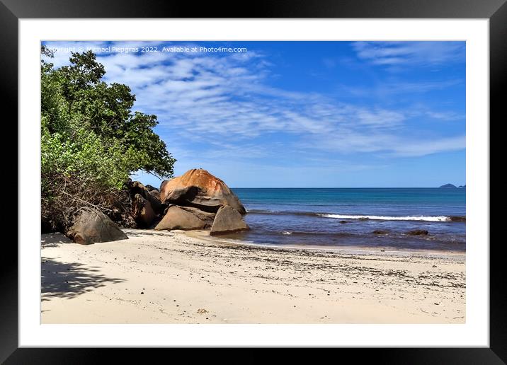 Sunny day beach view on the paradise islands Seychelles. Framed Mounted Print by Michael Piepgras
