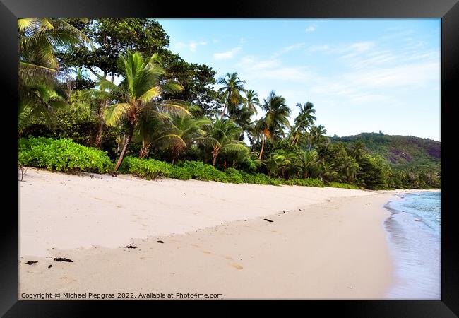 Sunny day beach view on the paradise islands Seychelles Framed Print by Michael Piepgras