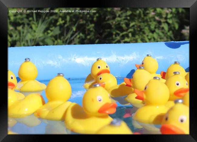 Selective focus. Many yellow rubber ducks swimming in circles in Framed Print by Michael Piepgras