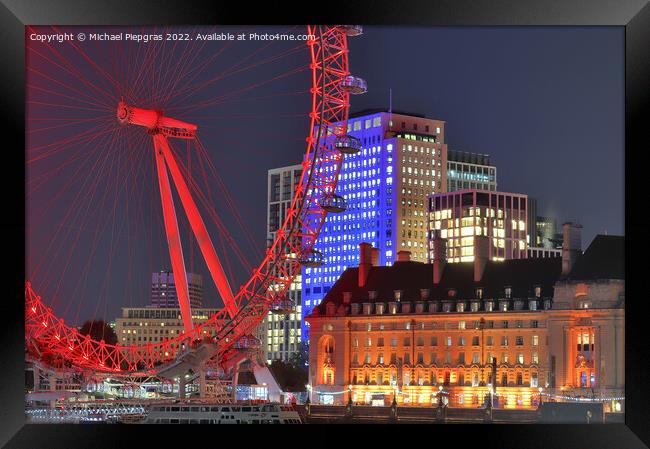 River Thamse with light reflections and the London Eye ferris wheel at night Framed Print by Michael Piepgras