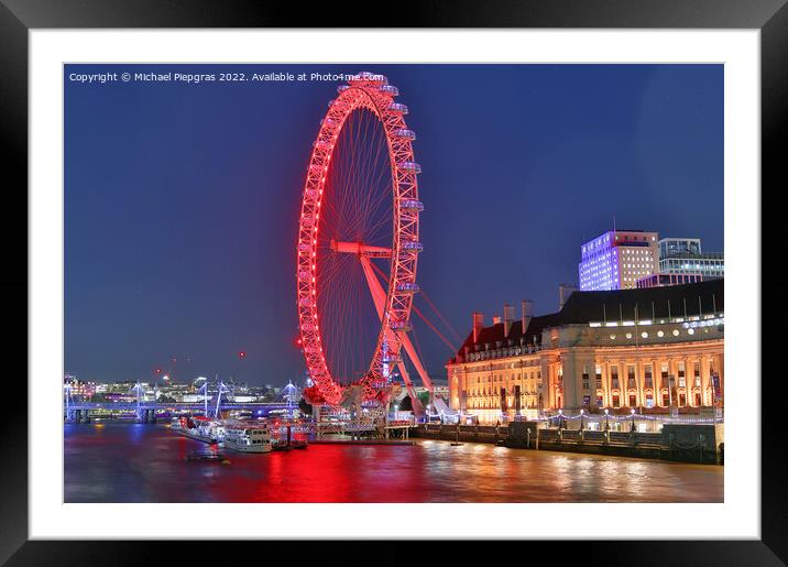River Thamse with light reflections and the London Eye ferris wheel at night Framed Mounted Print by Michael Piepgras
