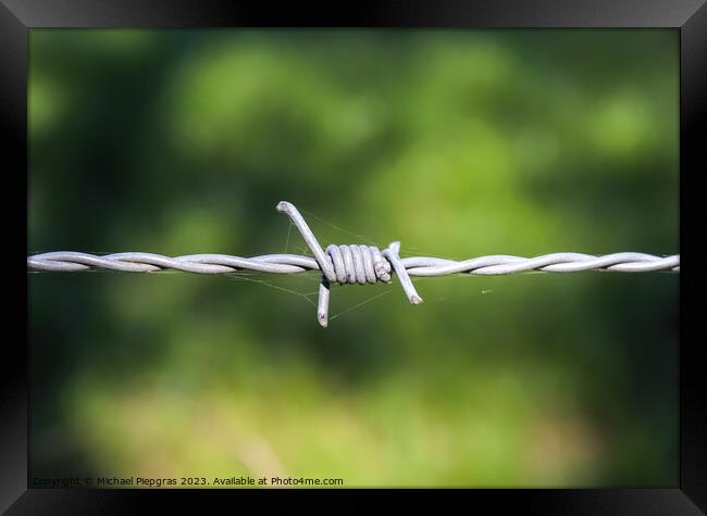 Barbed wire on with a soft focus bokeh in the background. Framed Print by Michael Piepgras