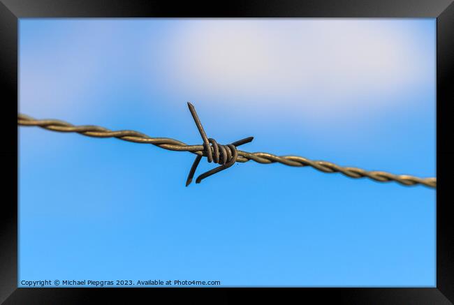 Barbed wire on with a soft focus bokeh in the background. Framed Print by Michael Piepgras
