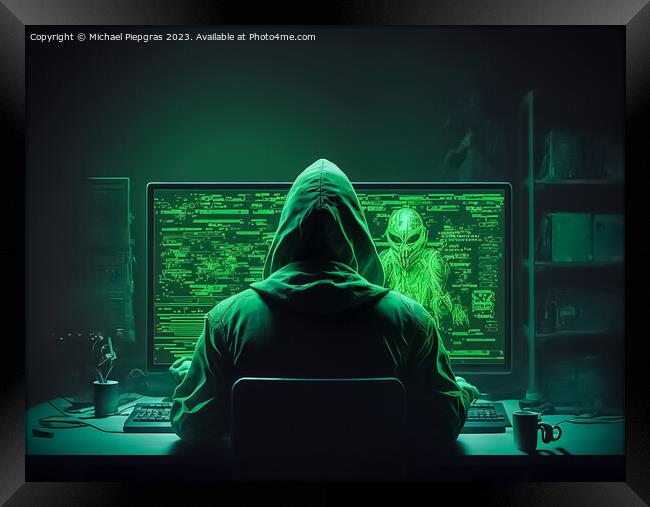 A hacker looking at a computer with green symbols created with G Framed Print by Michael Piepgras
