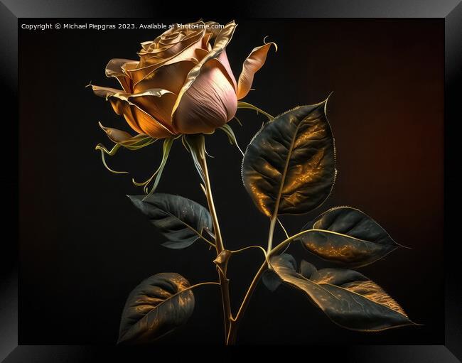 A long-stemmed rose with golden petals against a dark background Framed Print by Michael Piepgras