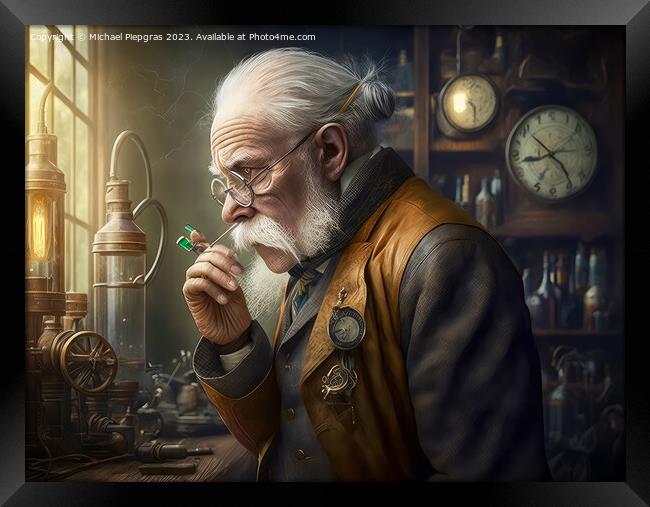 An elderly scientist in a steampunk look in an old lab created w Framed Print by Michael Piepgras