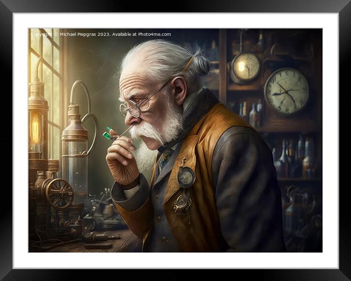 An elderly scientist in a steampunk look in an old lab created w Framed Mounted Print by Michael Piepgras