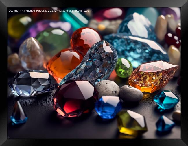 Many different coloured gemstones on a dark table created with g Framed Print by Michael Piepgras