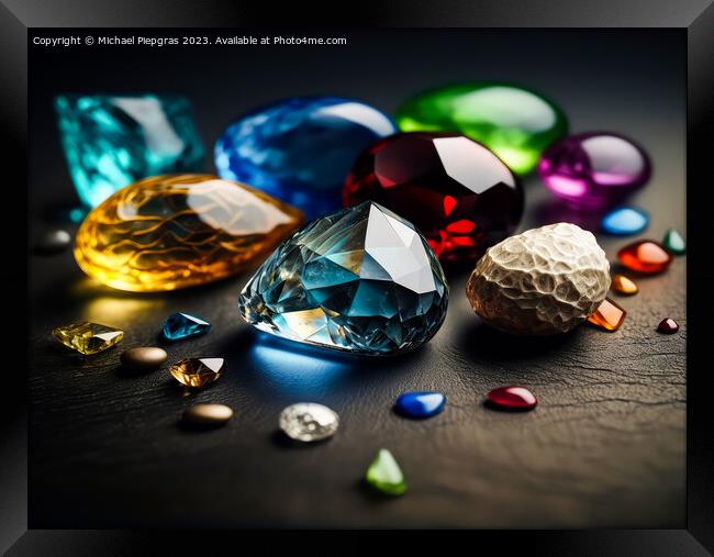 Many different coloured gemstones on a dark table created with g Framed Print by Michael Piepgras