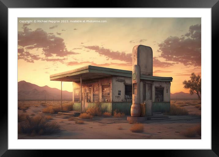 An old abandoned petrol station on a road in the desert created  Framed Mounted Print by Michael Piepgras