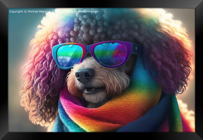 A cute poodle with a scarf in rule sheet colours and sunglasses  Framed Print by Michael Piepgras