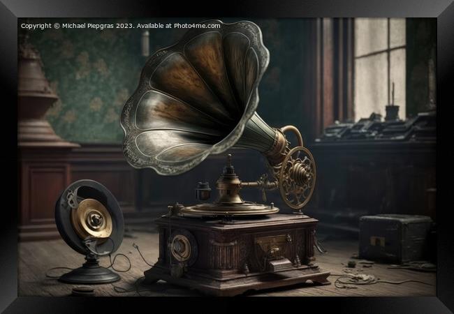 An old vintage gramophone in steampunk style stands in an almost Framed Print by Michael Piepgras