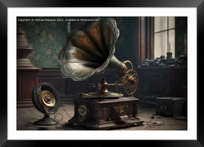 An old vintage gramophone in steampunk style stands in an almost Framed Mounted Print by Michael Piepgras