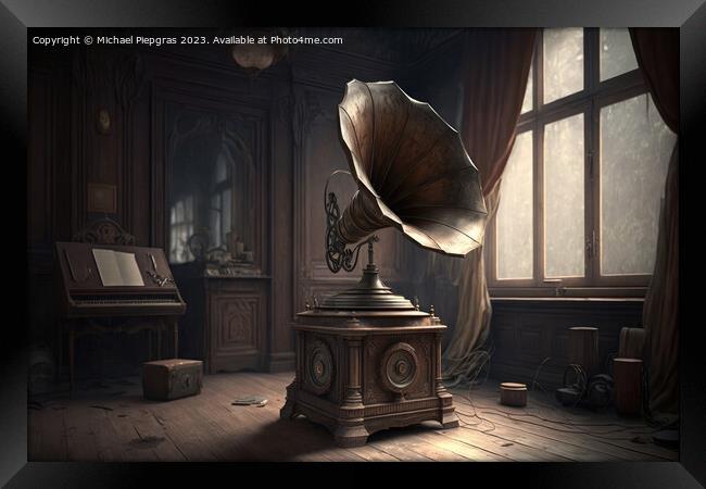 An old vintage gramophone in steampunk style stands in an almost Framed Print by Michael Piepgras