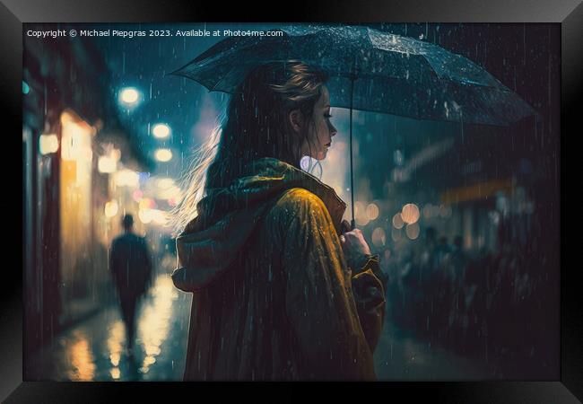 A young woman with an umbrella walks in a modern city at night a Framed Print by Michael Piepgras