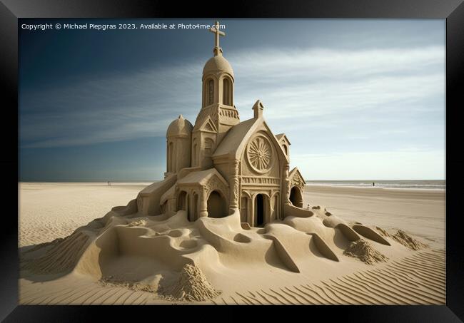 A sandcastle in the shape of a church on a beach created with ge Framed Print by Michael Piepgras