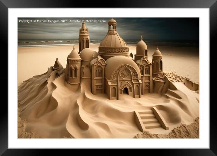 A sandcastle in the shape of a church on a beach created with ge Framed Mounted Print by Michael Piepgras