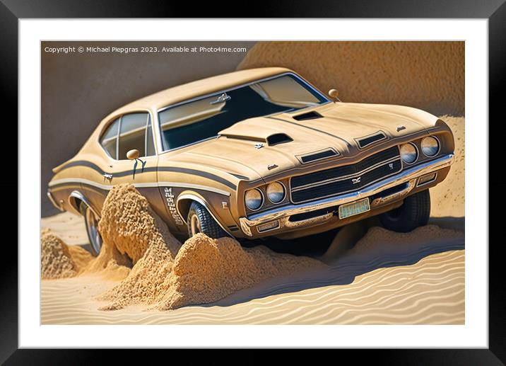 A fast muscle car churns up sand in a desert created with genera Framed Mounted Print by Michael Piepgras