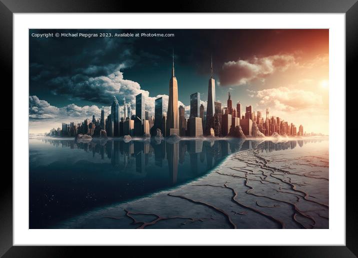 Climate change in front of athe skyline of a futuristic city cre Framed Mounted Print by Michael Piepgras