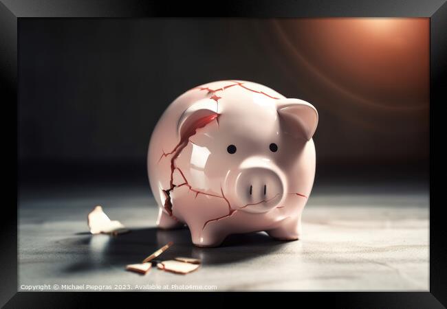 A sad piggy bank with cracks and a plaster indicates insolvency  Framed Print by Michael Piepgras