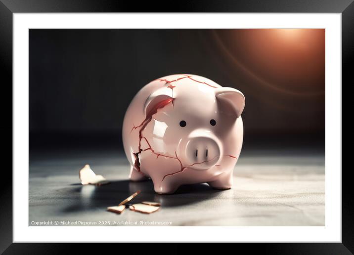A sad piggy bank with cracks and a plaster indicates insolvency  Framed Mounted Print by Michael Piepgras